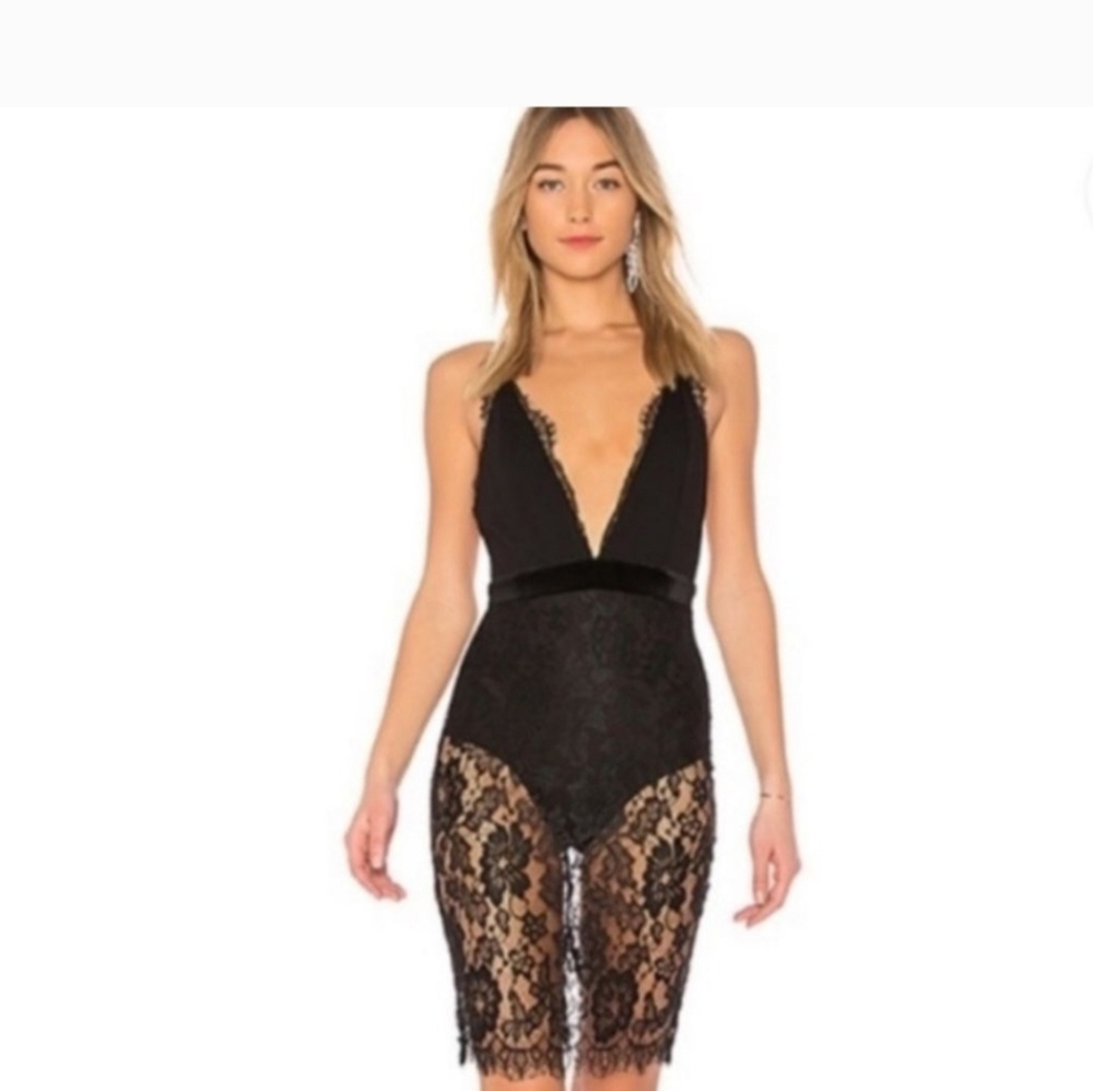 Michael Costello Bodysuit Black Lace Plunge Dress SEXY.